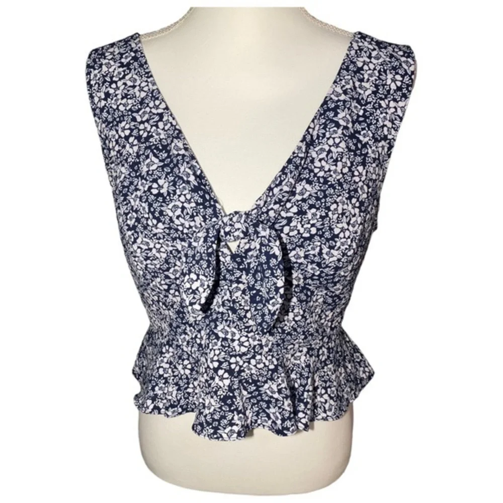 Gianni Bini‎ Floral Tie Front Peplum Top Navy White Sleeveless Size 12